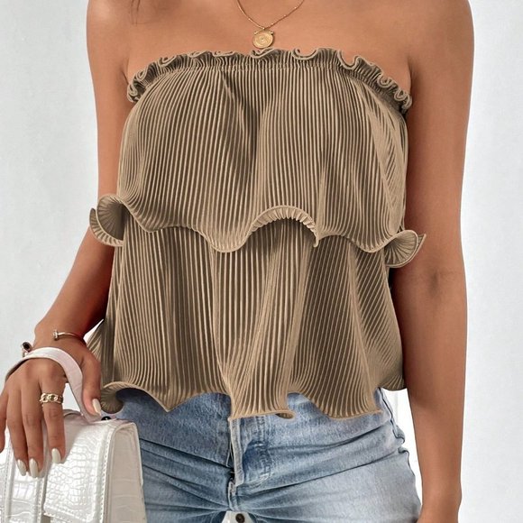 Champaign Party Womens Frill Trim Plisse Tube Top - Picture 1 of 5